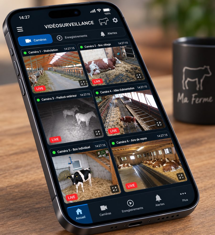 Application de vidéosurveillance sur smartphone, vue en direct des caméras de l'étable